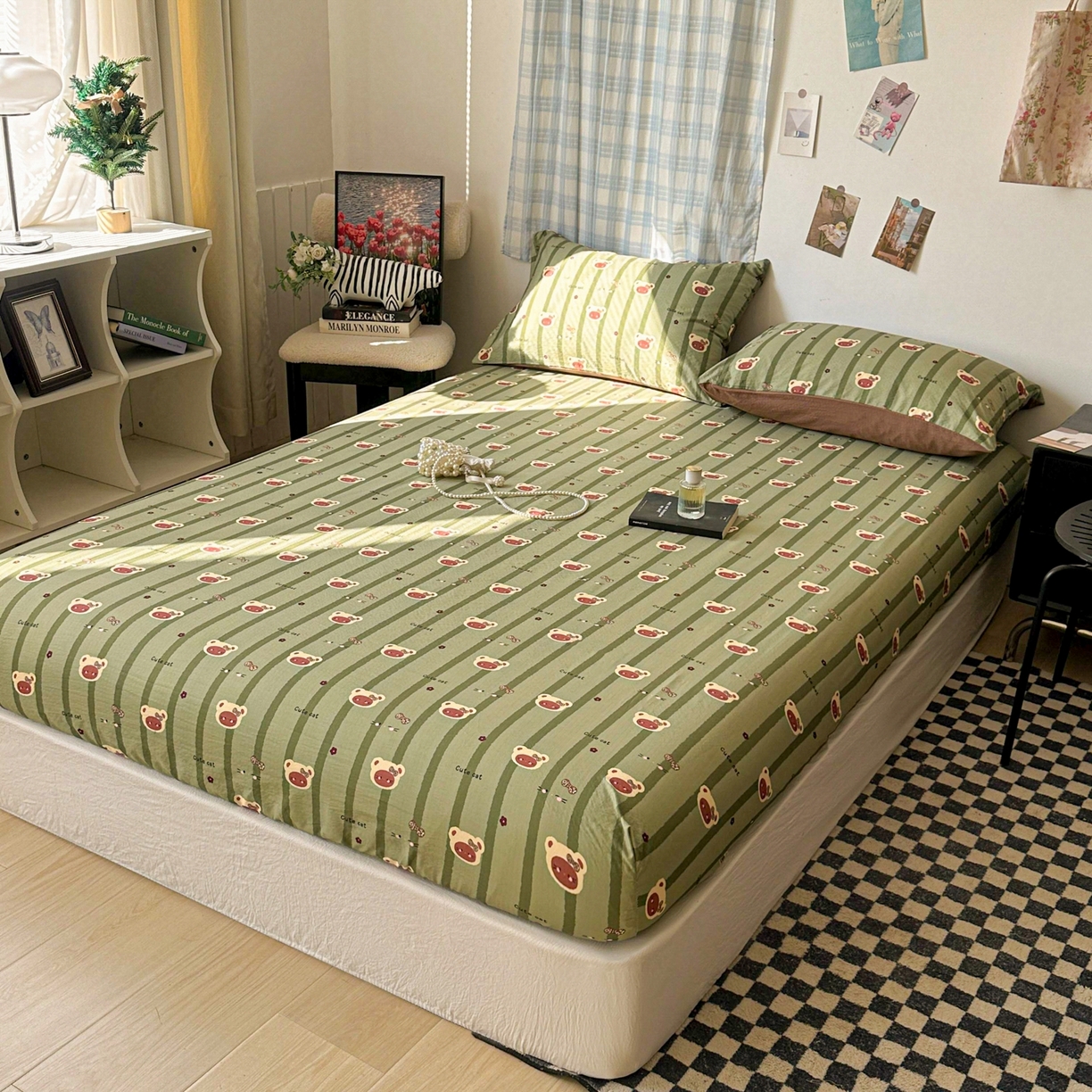 91家纺网 家纺一手货源 找家纺 繁花家居 2026新款泡芙棉云感木棉邹邹纱单床笠床单单件学生床 森系小熊