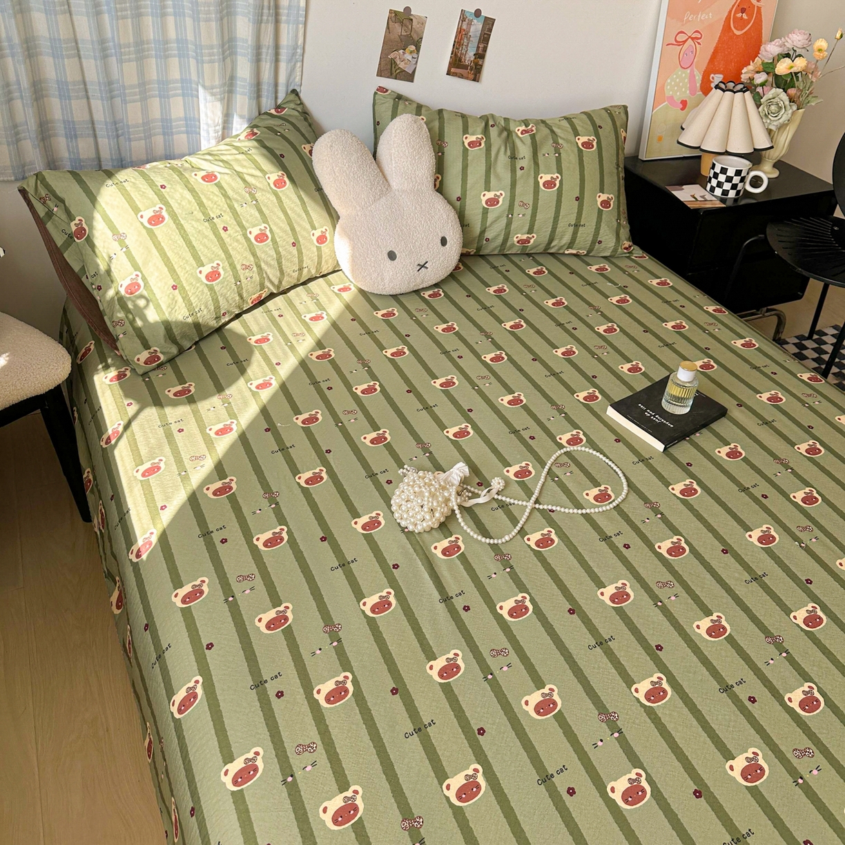 91家纺网 家纺一手货源 找家纺 繁花家居 2026新款泡芙棉云感木棉邹邹纱单床笠床单单件学生床 森系小熊