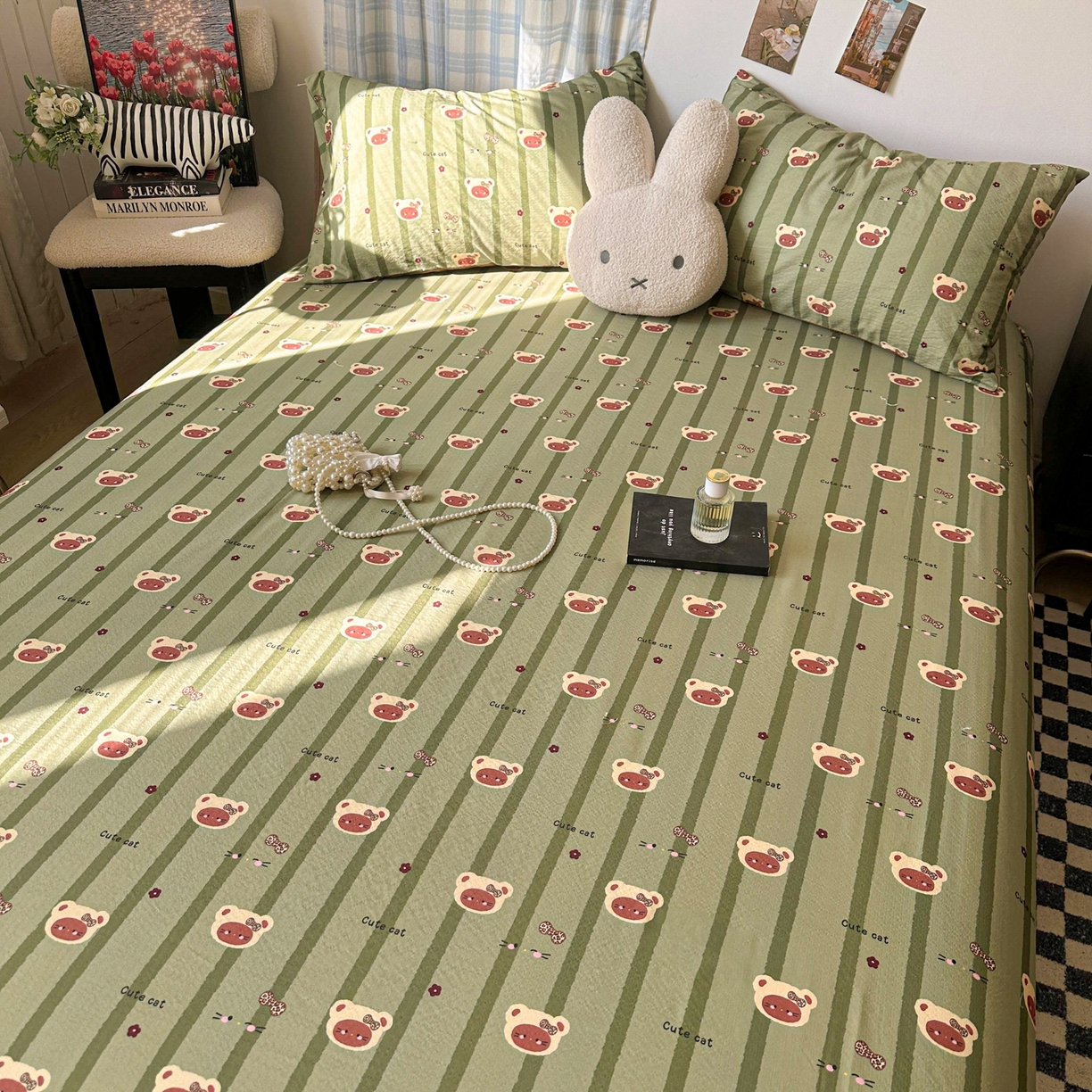 91家纺网 家纺一手货源 找家纺 繁花家居 2026新款泡芙棉云感木棉邹邹纱单床笠床单单件学生床 森系小熊