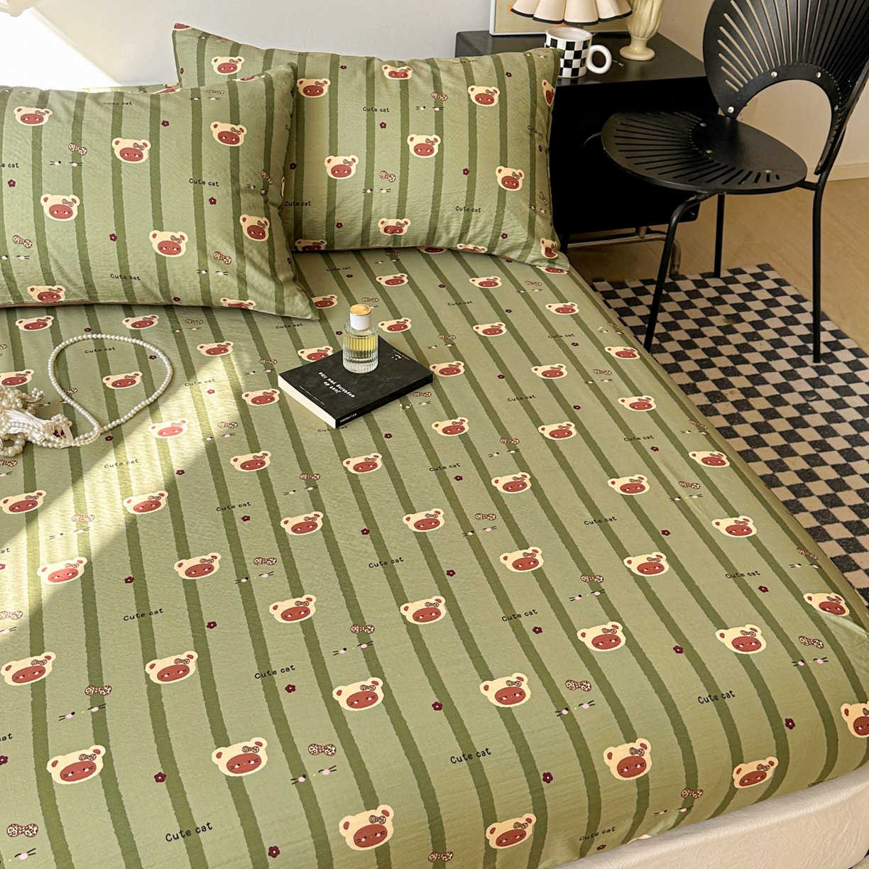 91家纺网 家纺一手货源 找家纺 繁花家居 2026新款泡芙棉云感木棉邹邹纱单床笠床单单件学生床 森系小熊