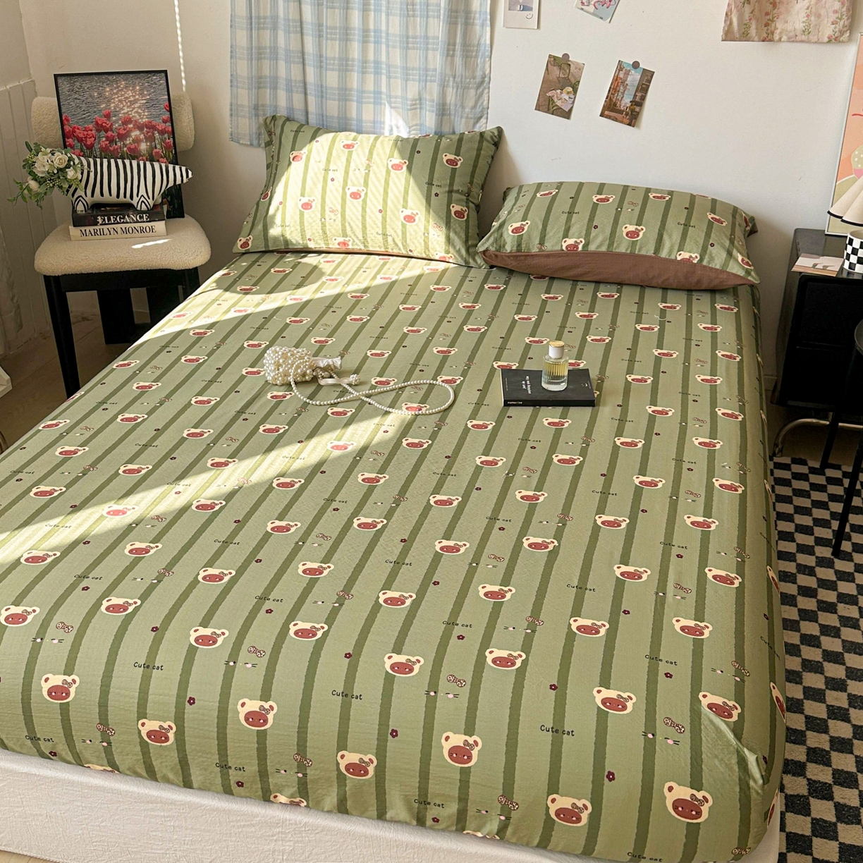 91家纺网 家纺一手货源 找家纺 繁花家居 2026新款泡芙棉云感木棉邹邹纱单床笠床单单件学生床 森系小熊