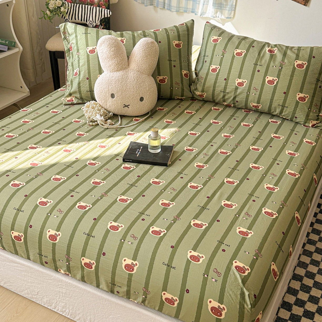 91家纺网 家纺一手货源 找家纺 繁花家居 2026新款泡芙棉云感木棉邹邹纱单床笠床单单件学生床 森系小熊