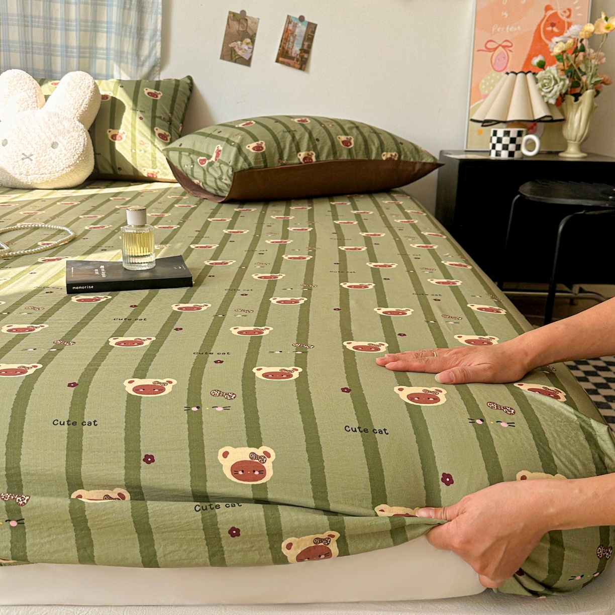 91家纺网 家纺一手货源 找家纺 繁花家居 2026新款泡芙棉云感木棉邹邹纱单床笠床单单件学生床 森系小熊