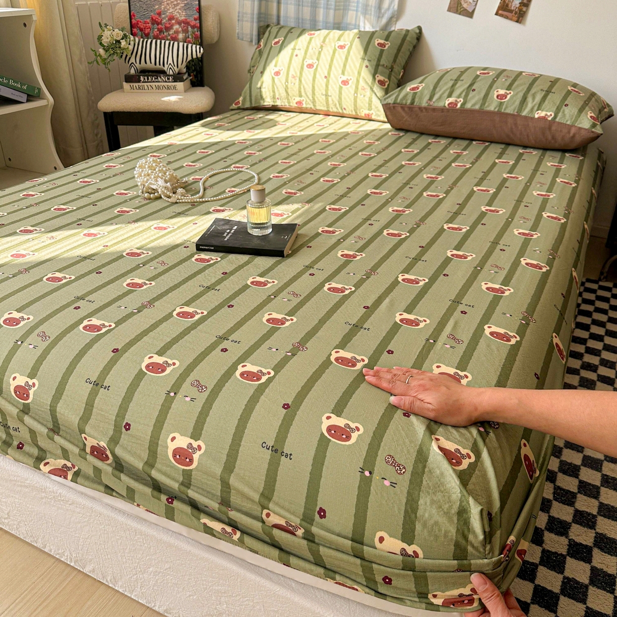 91家纺网 家纺一手货源 找家纺 繁花家居 2026新款泡芙棉云感木棉邹邹纱单床笠床单单件学生床 森系小熊