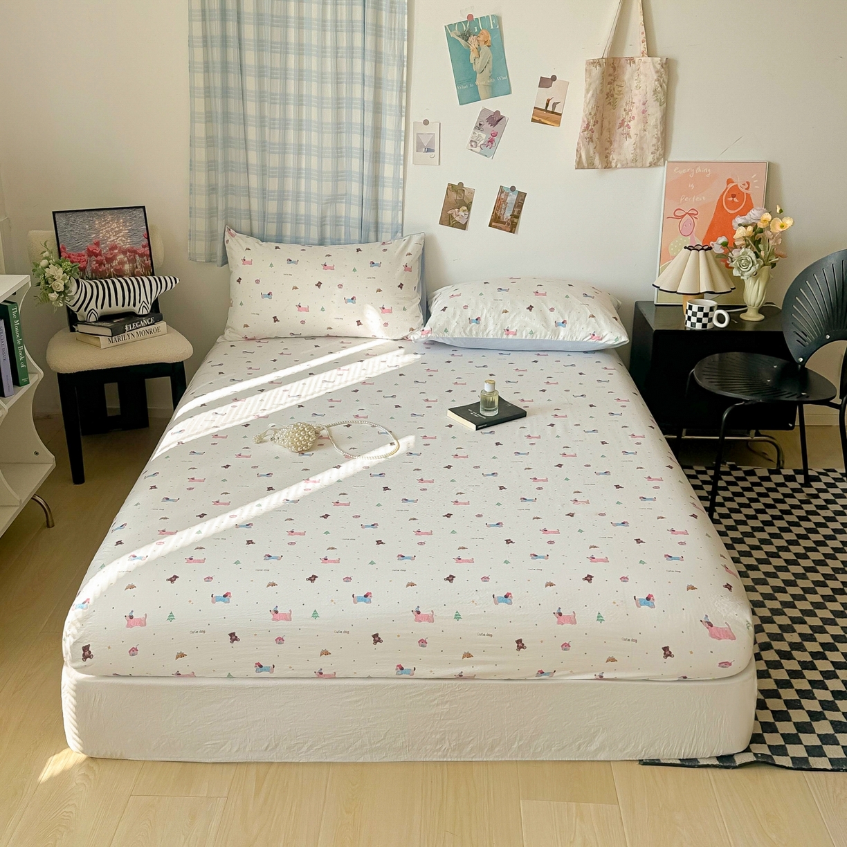 91家纺网 家纺一手货源 找家纺 繁花家居 2026新款泡芙棉云感木棉邹邹纱单床笠床单单件学生床 糖雾汪星