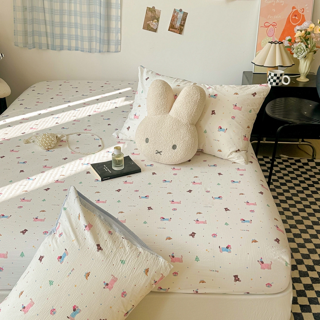 91家纺网 家纺一手货源 找家纺 繁花家居 2026新款泡芙棉云感木棉邹邹纱单床笠床单单件学生床 糖雾汪星