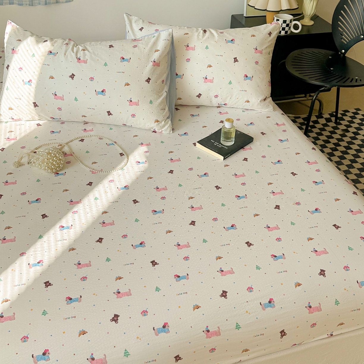 91家纺网 家纺一手货源 找家纺 繁花家居 2026新款泡芙棉云感木棉邹邹纱单床笠床单单件学生床 糖雾汪星