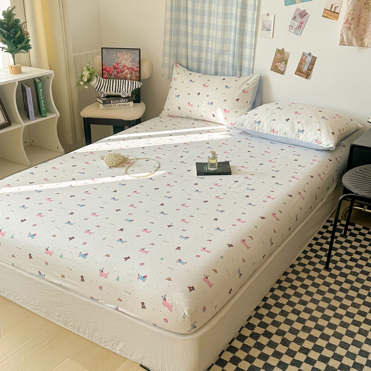 91家纺网 家纺一手货源 找家纺 繁花家居 2026新款泡芙棉云感木棉邹邹纱单床笠床单单件学生床 糖雾汪星