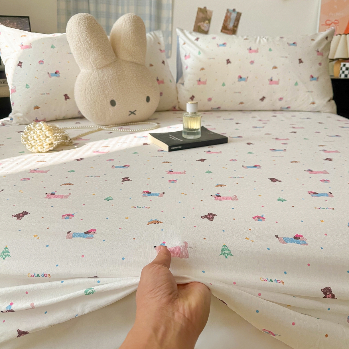 91家纺网 家纺一手货源 找家纺 繁花家居 2026新款泡芙棉云感木棉邹邹纱单床笠床单单件学生床 糖雾汪星