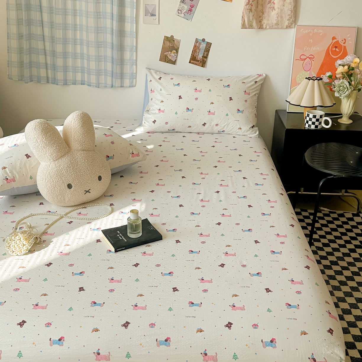 91家纺网 家纺一手货源 找家纺 繁花家居 2026新款泡芙棉云感木棉邹邹纱单床笠床单单件学生床 糖雾汪星