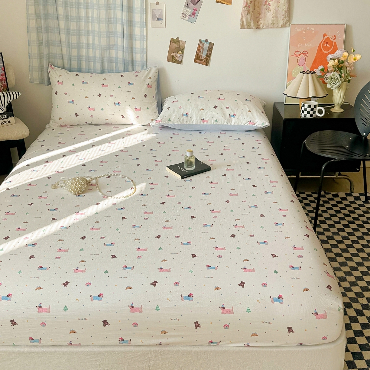 91家纺网 家纺一手货源 找家纺 繁花家居 2026新款泡芙棉云感木棉邹邹纱单床笠床单单件学生床 糖雾汪星