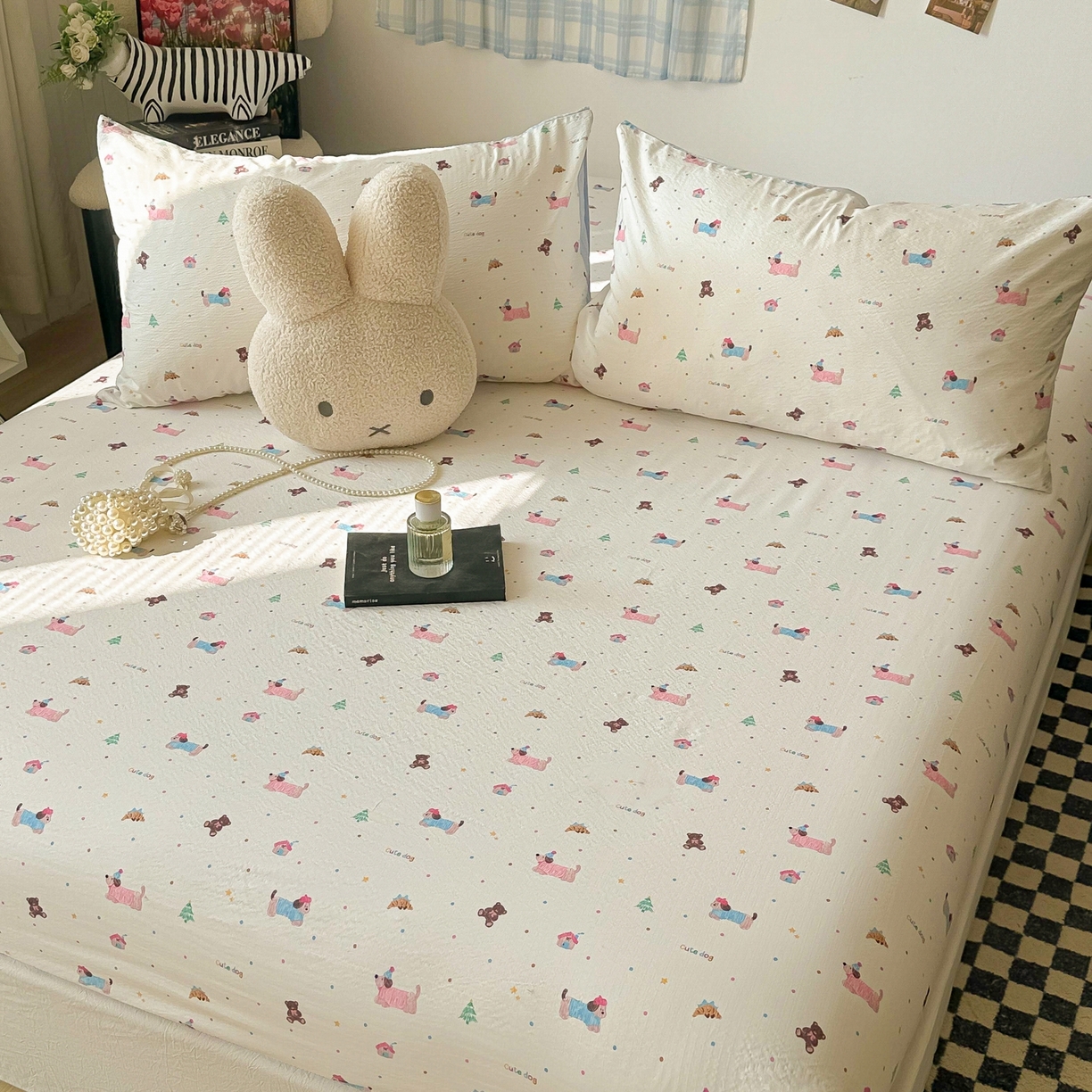 91家纺网 家纺一手货源 找家纺 繁花家居 2026新款泡芙棉云感木棉邹邹纱单床笠床单单件学生床 糖雾汪星