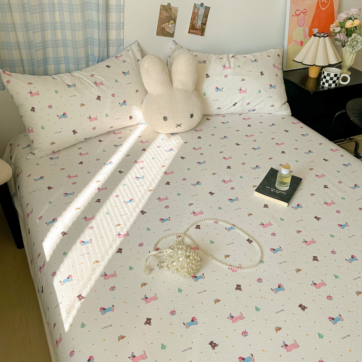 91家纺网 家纺一手货源 找家纺 繁花家居 2026新款泡芙棉云感木棉邹邹纱单床笠床单单件学生床 糖雾汪星