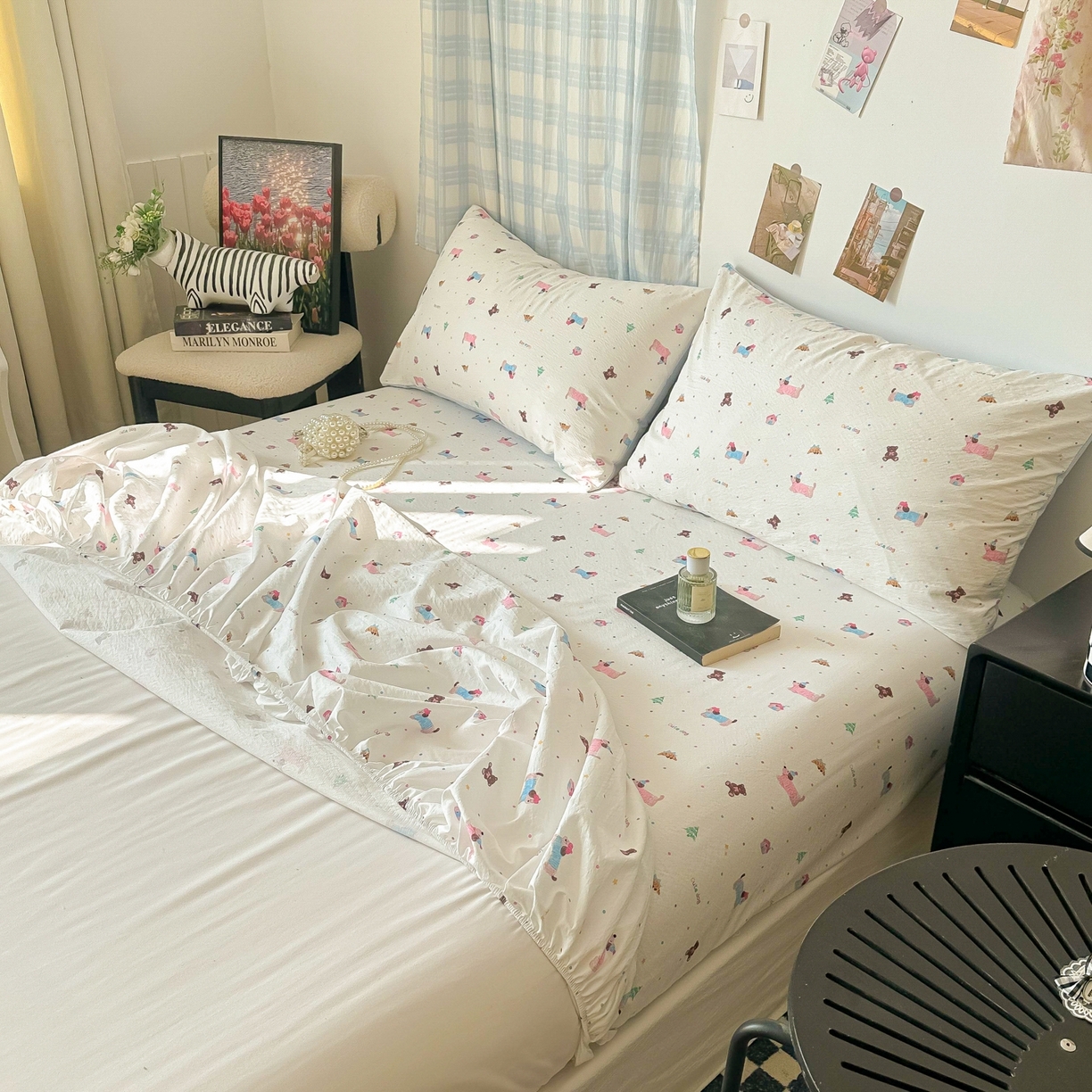 91家纺网 家纺一手货源 找家纺 繁花家居 2026新款泡芙棉云感木棉邹邹纱单床笠床单单件学生床 糖雾汪星