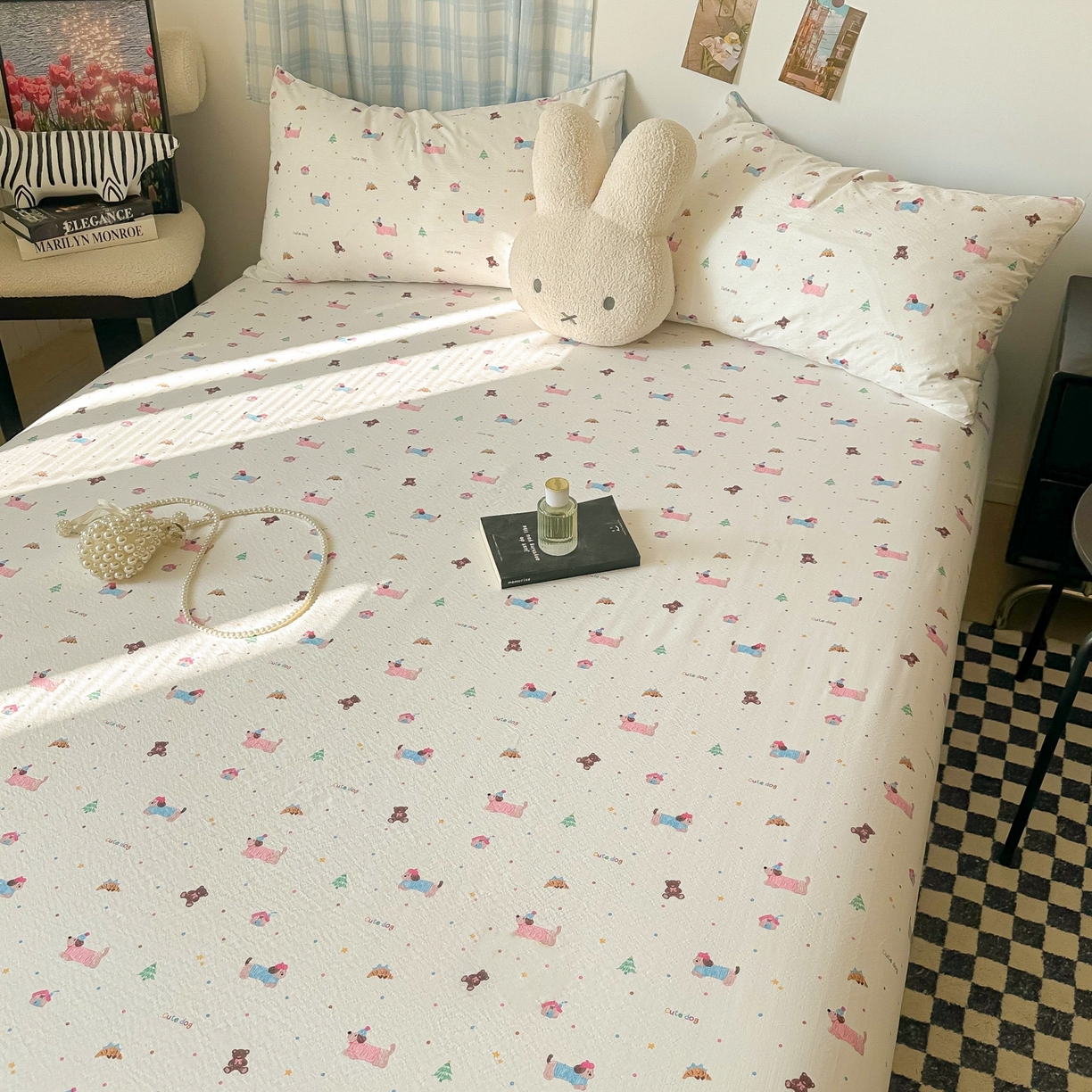 91家纺网 家纺一手货源 找家纺 繁花家居 2026新款泡芙棉云感木棉邹邹纱单床笠床单单件学生床 糖雾汪星