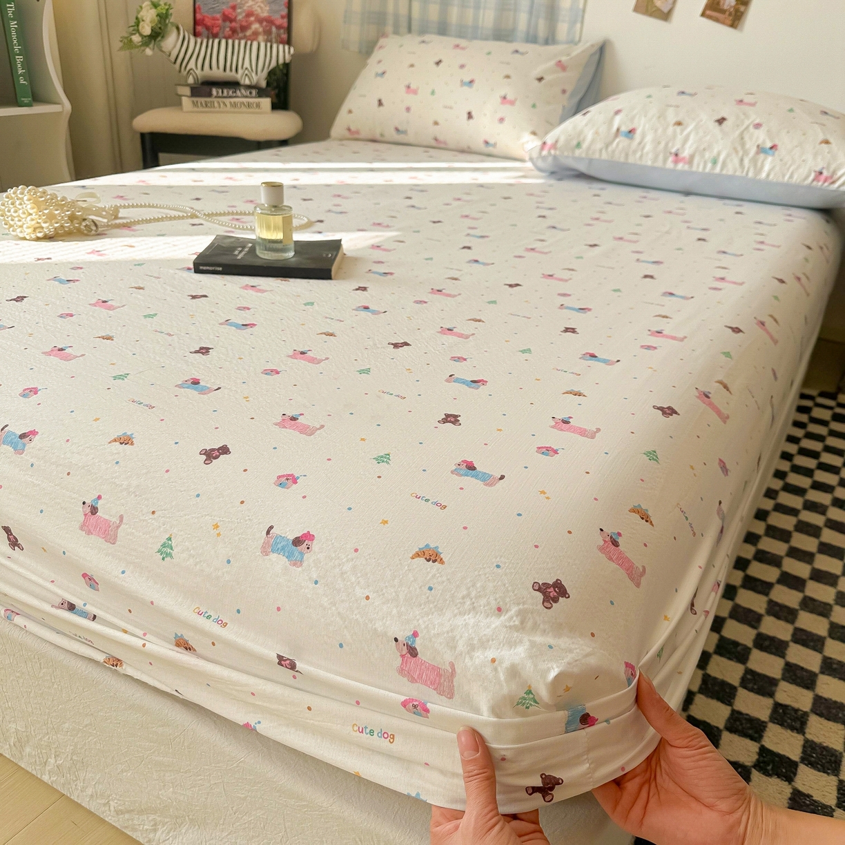 91家纺网 家纺一手货源 找家纺 繁花家居 2026新款泡芙棉云感木棉邹邹纱单床笠床单单件学生床 糖雾汪星