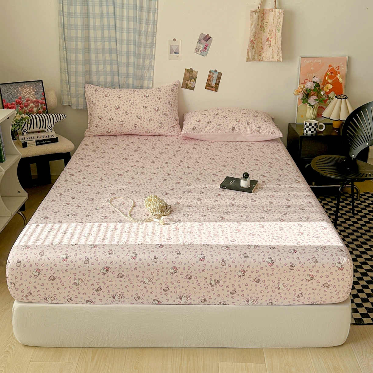 91家纺网 家纺一手货源 找家纺 繁花家居 2026新款泡芙棉云感木棉邹邹纱单床笠床单单件学生床 糖心粉喵