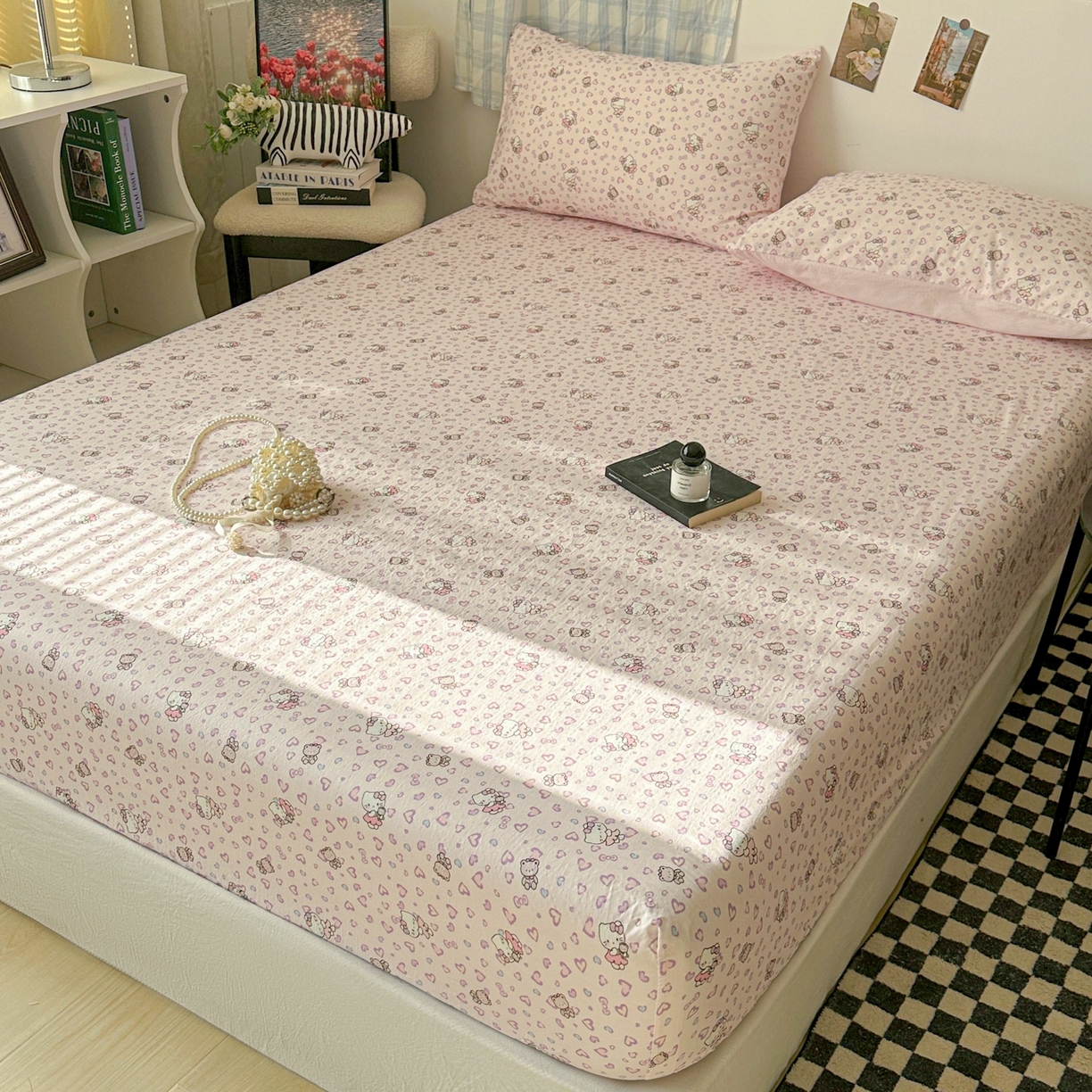 91家纺网 家纺一手货源 找家纺 繁花家居 2026新款泡芙棉云感木棉邹邹纱单床笠床单单件学生床 糖心粉喵