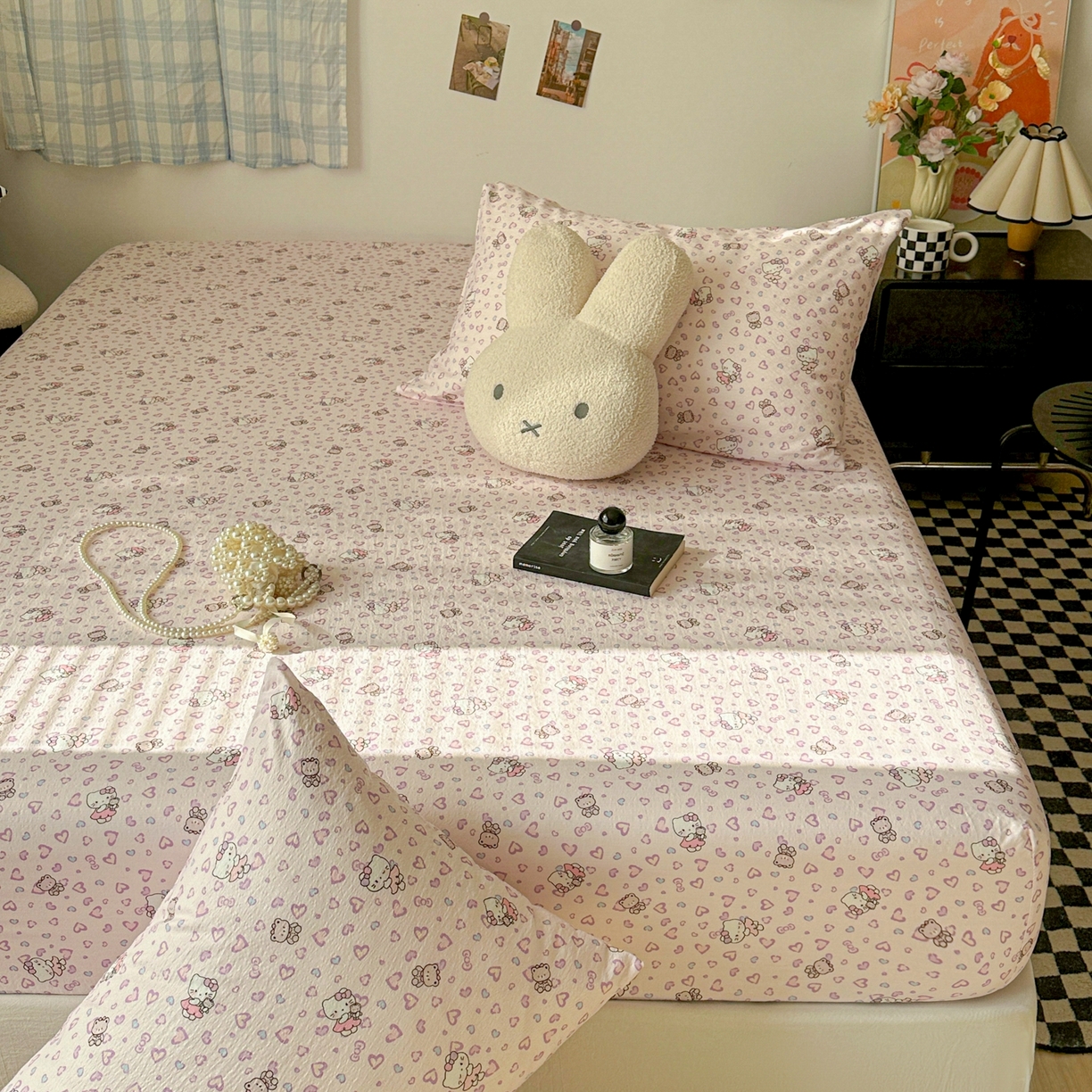 91家纺网 家纺一手货源 找家纺 繁花家居 2026新款泡芙棉云感木棉邹邹纱单床笠床单单件学生床 糖心粉喵