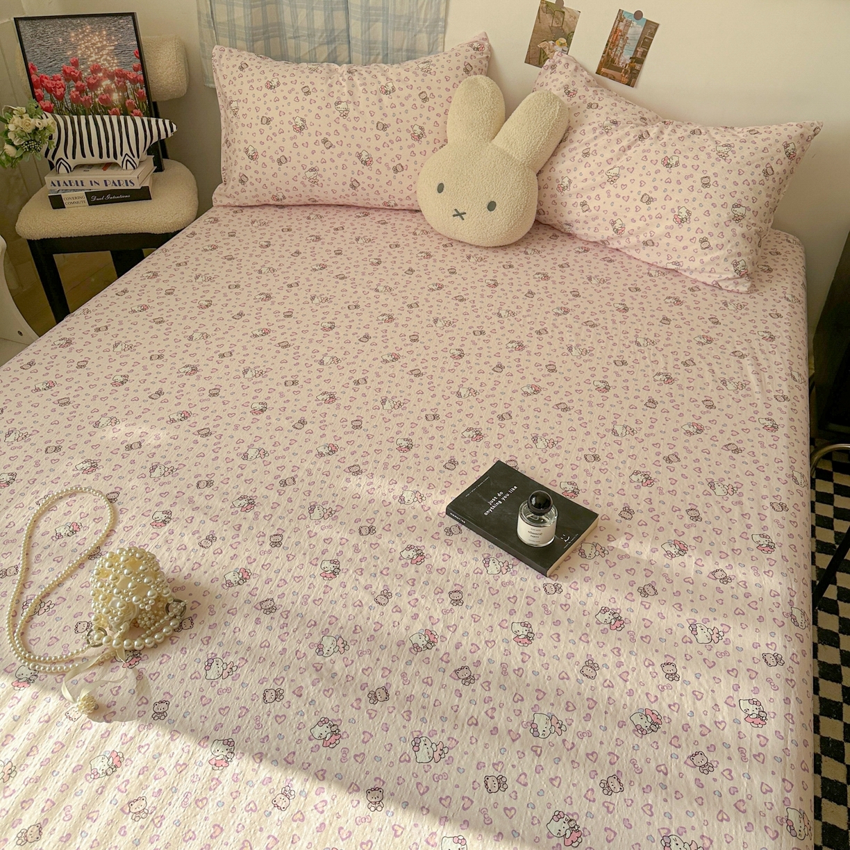 91家纺网 家纺一手货源 找家纺 繁花家居 2026新款泡芙棉云感木棉邹邹纱单床笠床单单件学生床 糖心粉喵