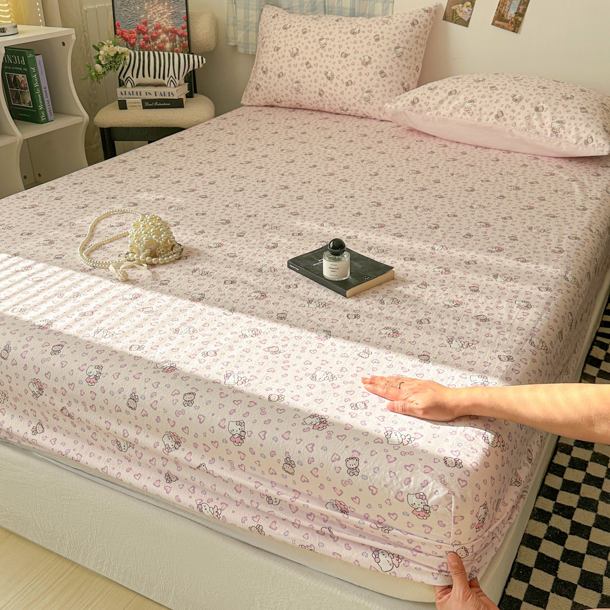 91家纺网 家纺一手货源 找家纺 繁花家居 2026新款泡芙棉云感木棉邹邹纱单床笠床单单件学生床 糖心粉喵