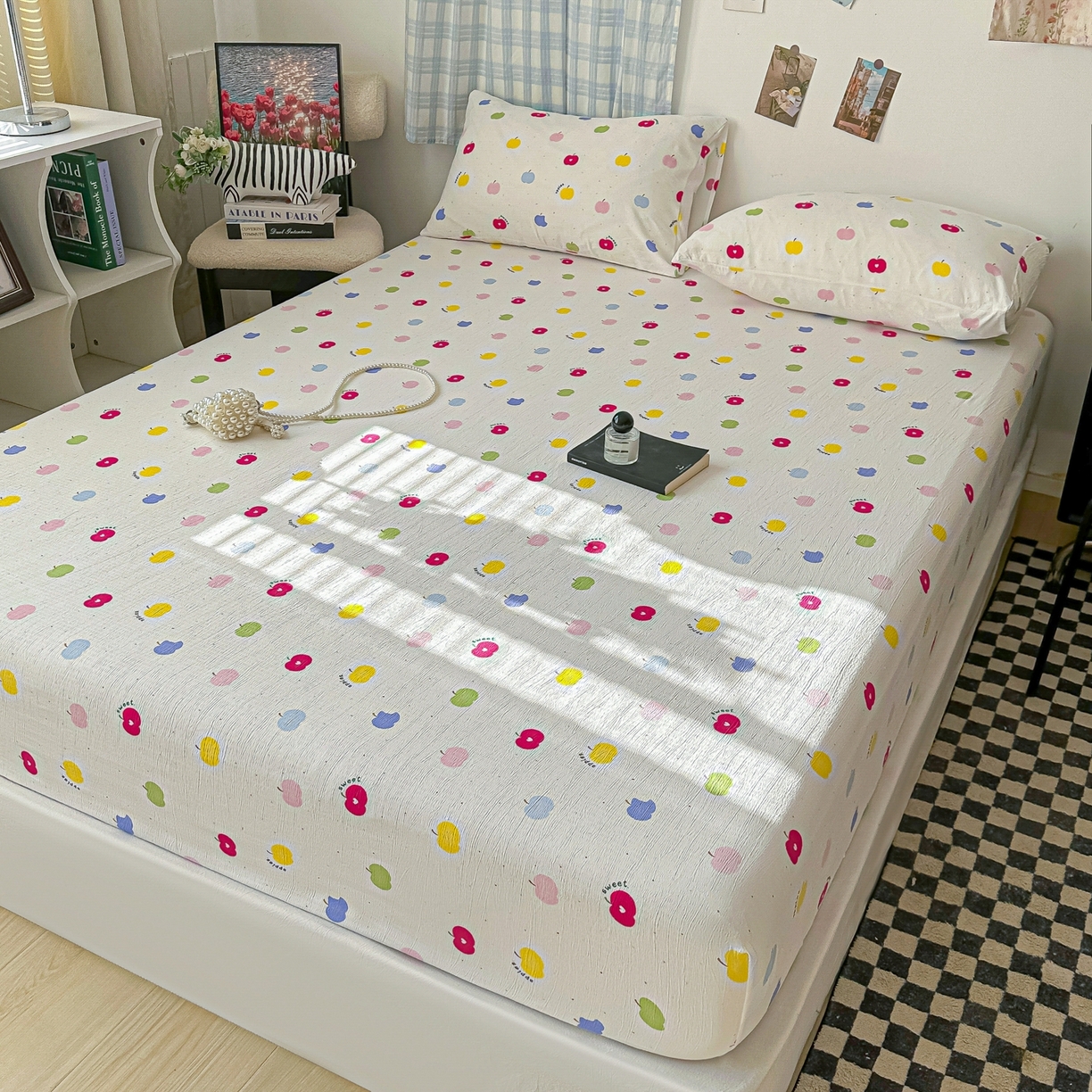 91家纺网 家纺一手货源 找家纺 繁花家居 2026新款泡芙棉云感木棉邹邹纱单床笠床单单件学生床 糖渍苹果