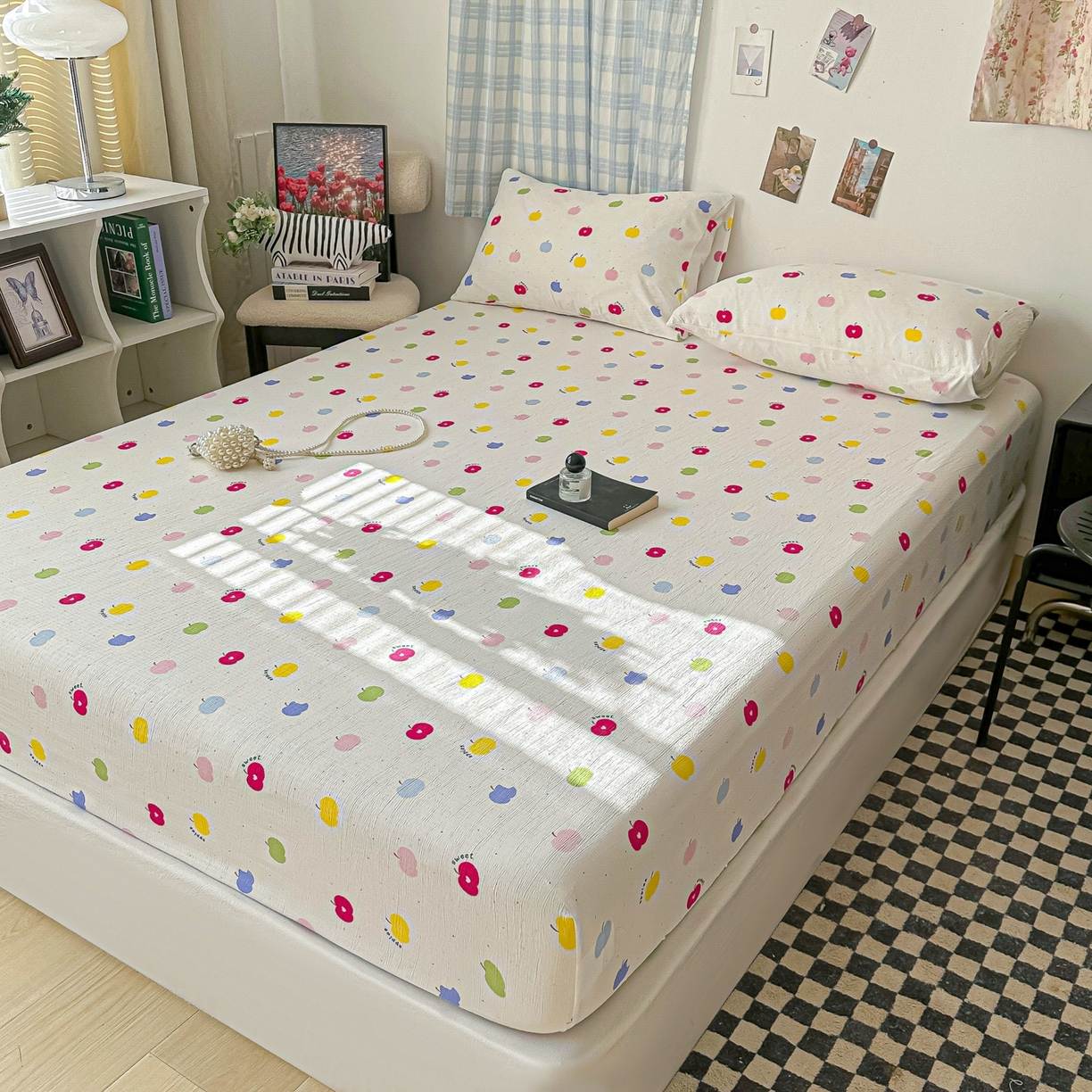 91家纺网 家纺一手货源 找家纺 繁花家居 2026新款泡芙棉云感木棉邹邹纱单床笠床单单件学生床 糖渍苹果