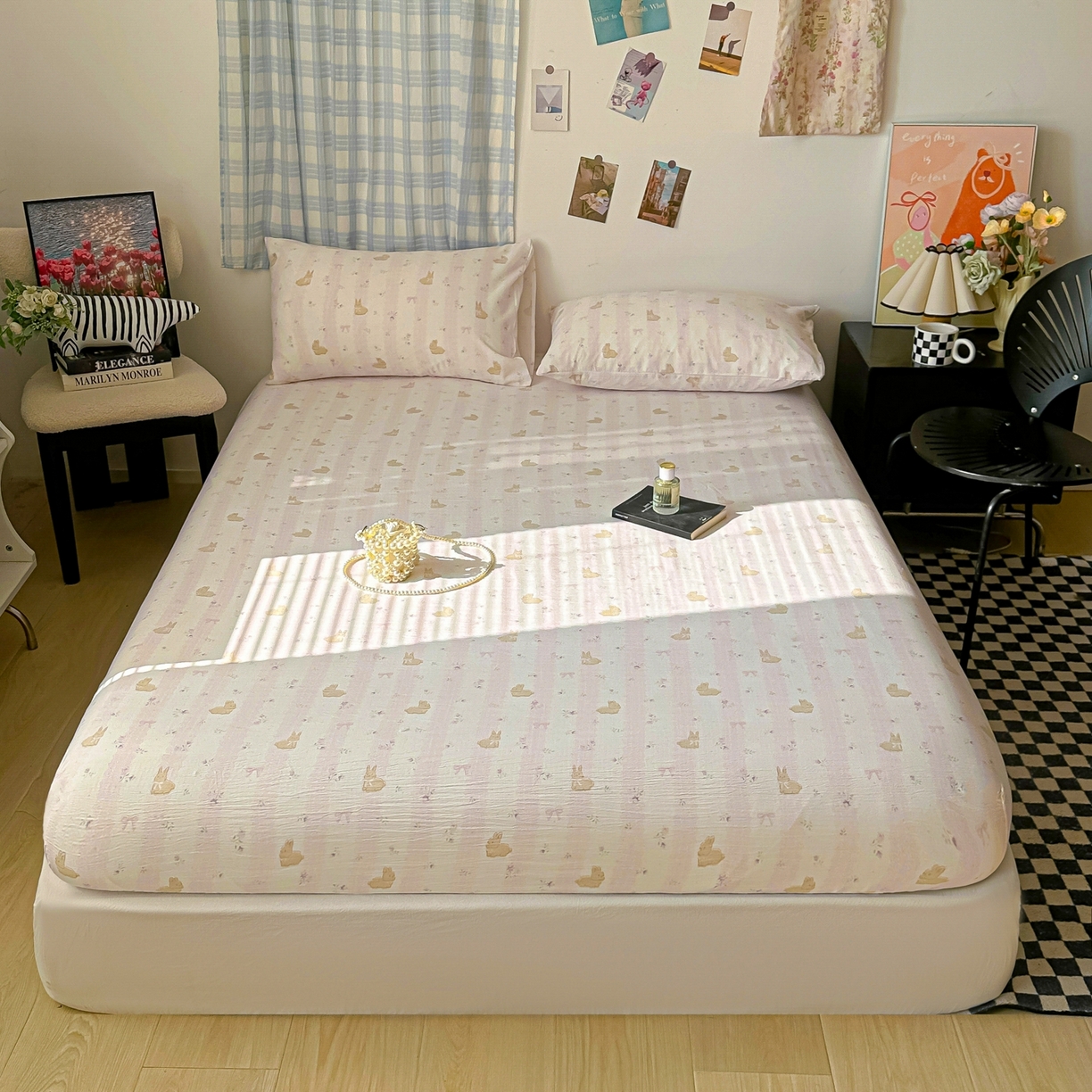 91家纺网 家纺一手货源 找家纺 繁花家居 2026新款泡芙棉云感木棉邹邹纱单床笠床单单件学生床 甜梦萌兔