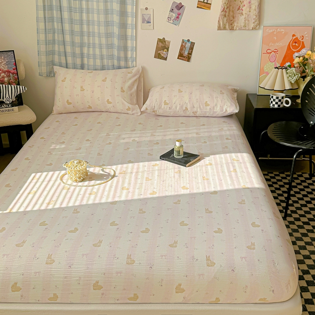 91家纺网 家纺一手货源 找家纺 繁花家居 2026新款泡芙棉云感木棉邹邹纱单床笠床单单件学生床 甜梦萌兔