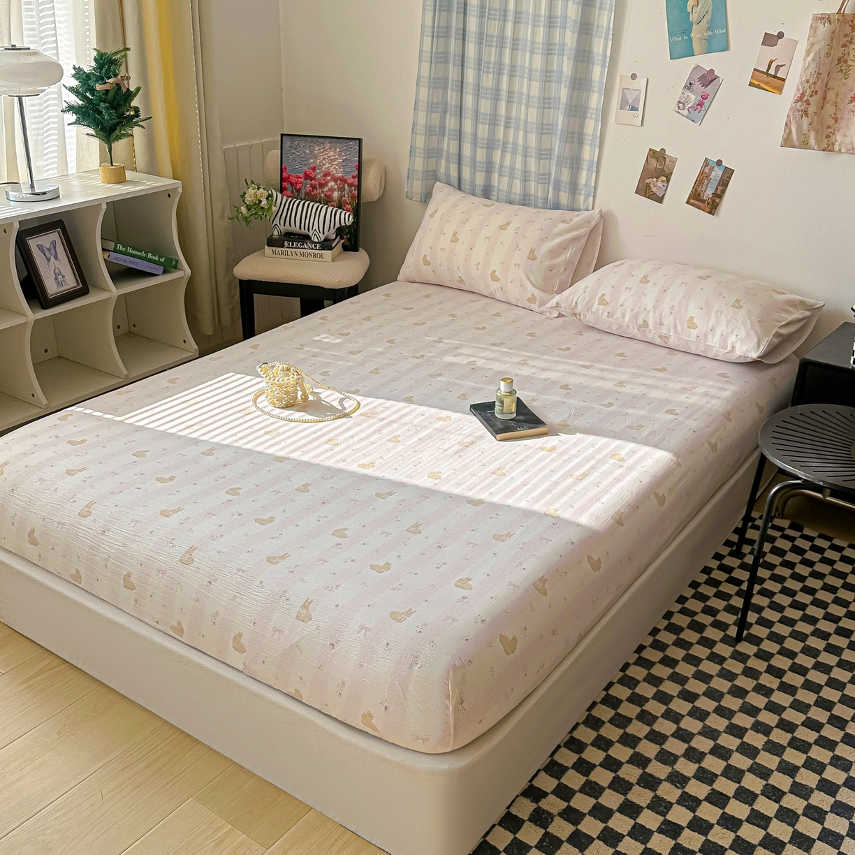 91家纺网 家纺一手货源 找家纺 繁花家居 2026新款泡芙棉云感木棉邹邹纱单床笠床单单件学生床 甜梦萌兔