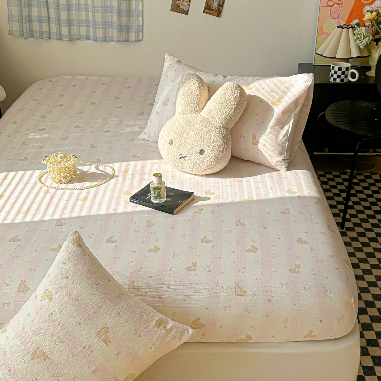 91家纺网 家纺一手货源 找家纺 繁花家居 2026新款泡芙棉云感木棉邹邹纱单床笠床单单件学生床 甜梦萌兔