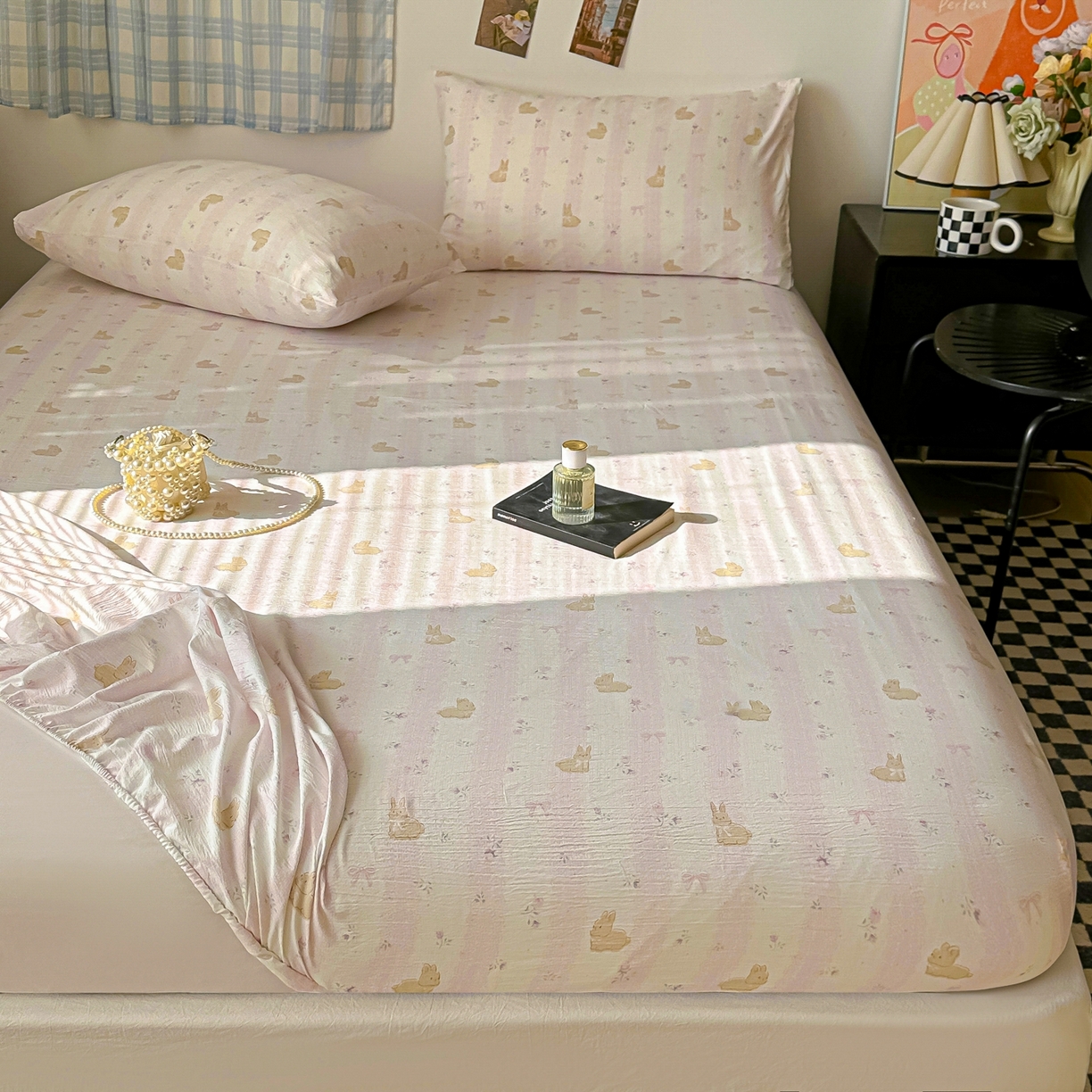 91家纺网 家纺一手货源 找家纺 繁花家居 2026新款泡芙棉云感木棉邹邹纱单床笠床单单件学生床 甜梦萌兔