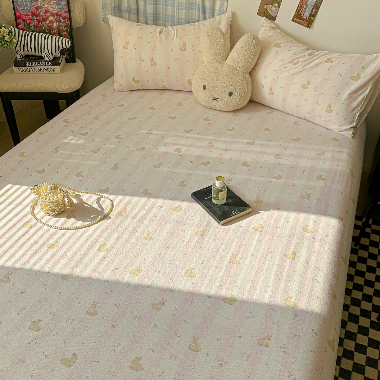 91家纺网 家纺一手货源 找家纺 繁花家居 2026新款泡芙棉云感木棉邹邹纱单床笠床单单件学生床 甜梦萌兔