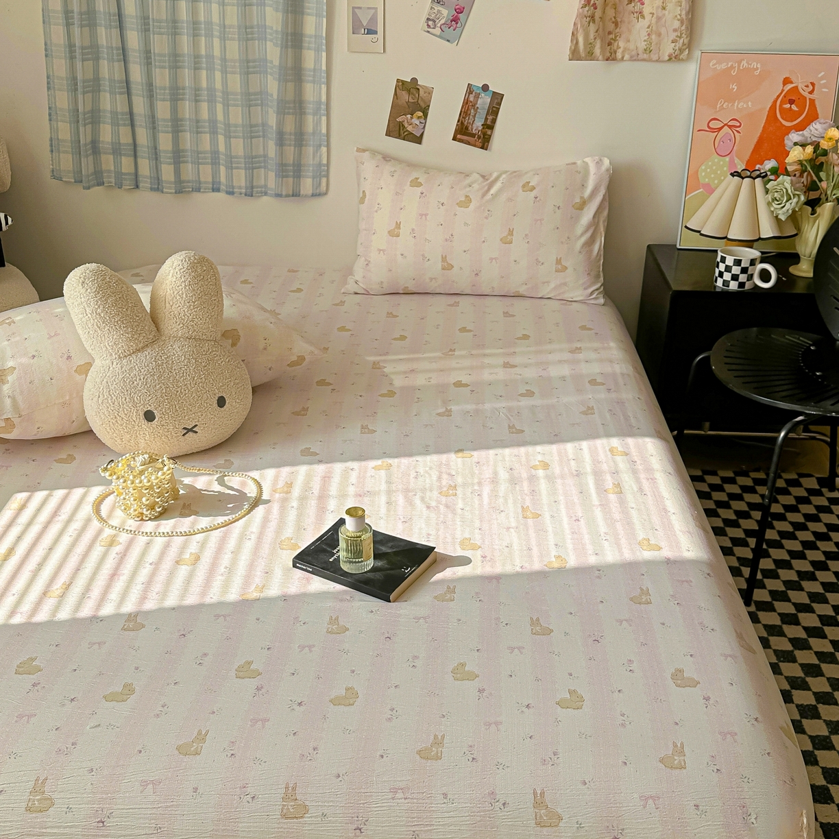 91家纺网 家纺一手货源 找家纺 繁花家居 2026新款泡芙棉云感木棉邹邹纱单床笠床单单件学生床 甜梦萌兔