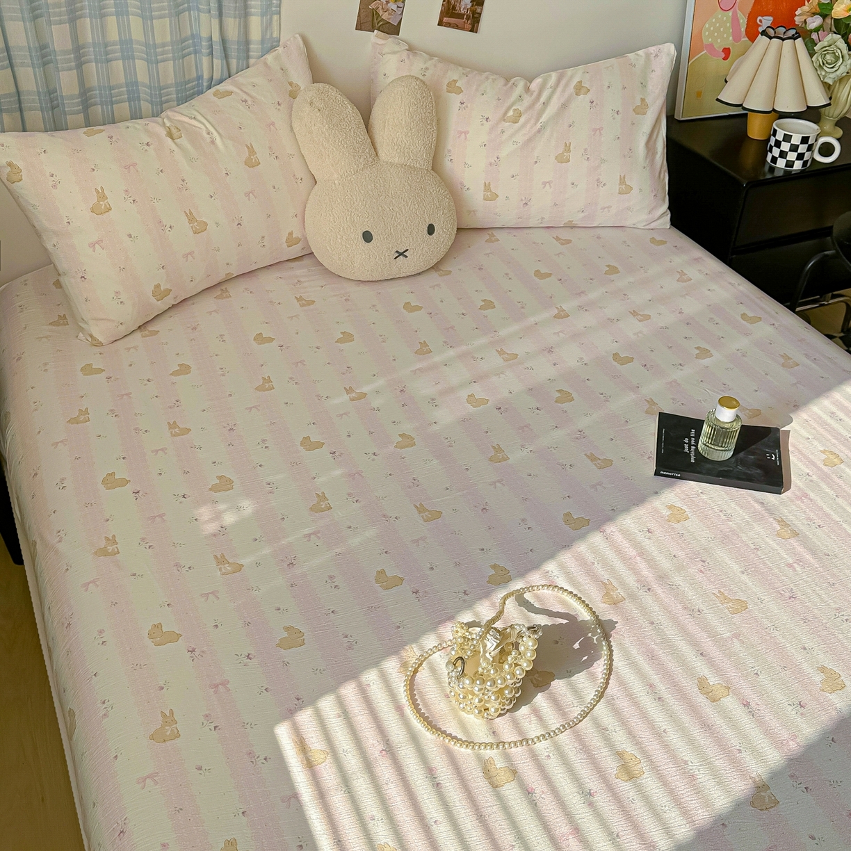 91家纺网 家纺一手货源 找家纺 繁花家居 2026新款泡芙棉云感木棉邹邹纱单床笠床单单件学生床 甜梦萌兔