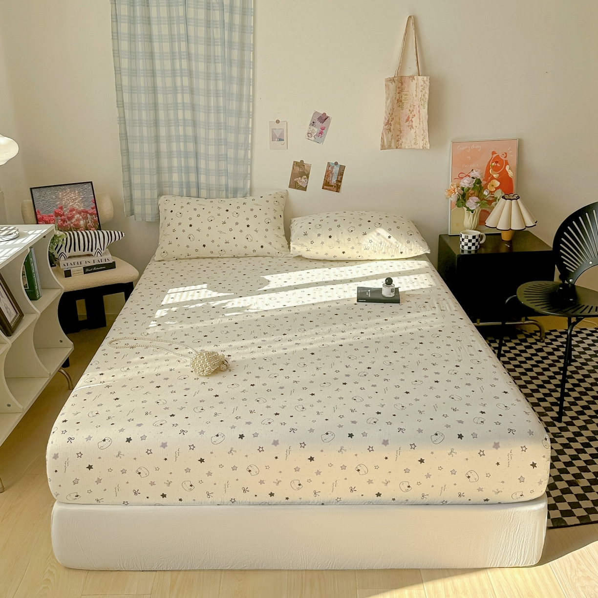 91家纺网 家纺一手货源 找家纺 繁花家居 2026新款泡芙棉云感木棉邹邹纱单床笠床单单件学生床 月白星喵