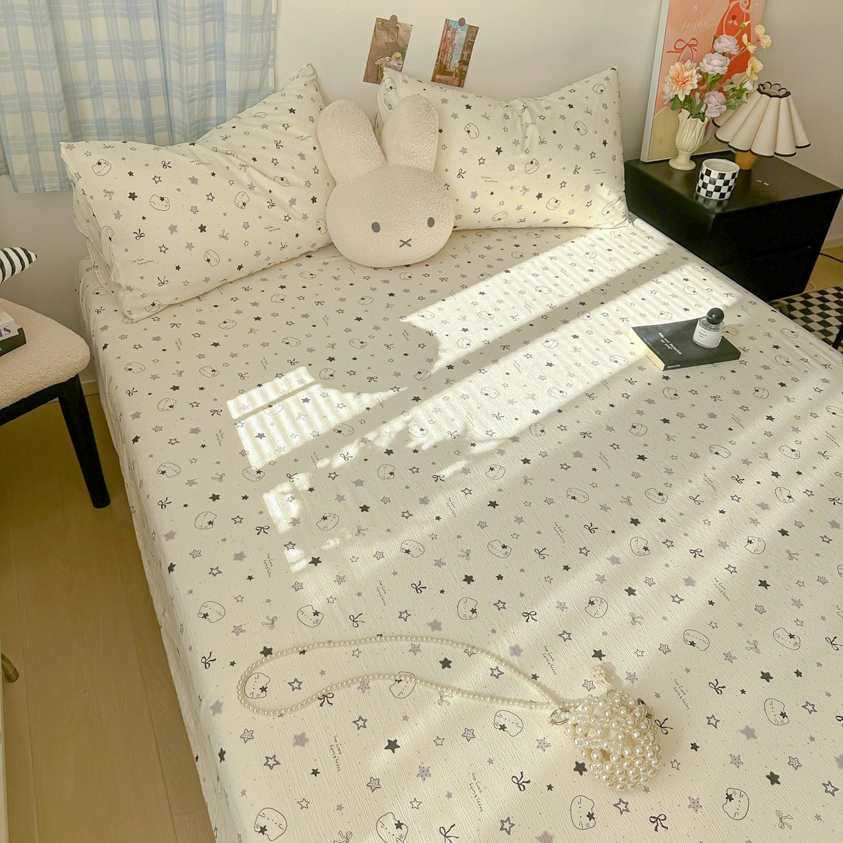 91家纺网 家纺一手货源 找家纺 繁花家居 2026新款泡芙棉云感木棉邹邹纱单床笠床单单件学生床 月白星喵