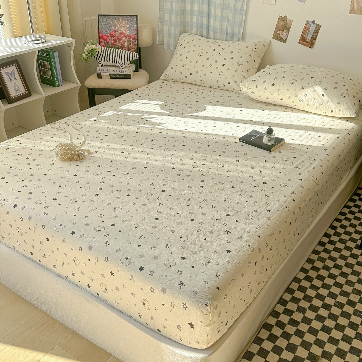 91家纺网 家纺一手货源 找家纺 繁花家居 2026新款泡芙棉云感木棉邹邹纱单床笠床单单件学生床 月白星喵