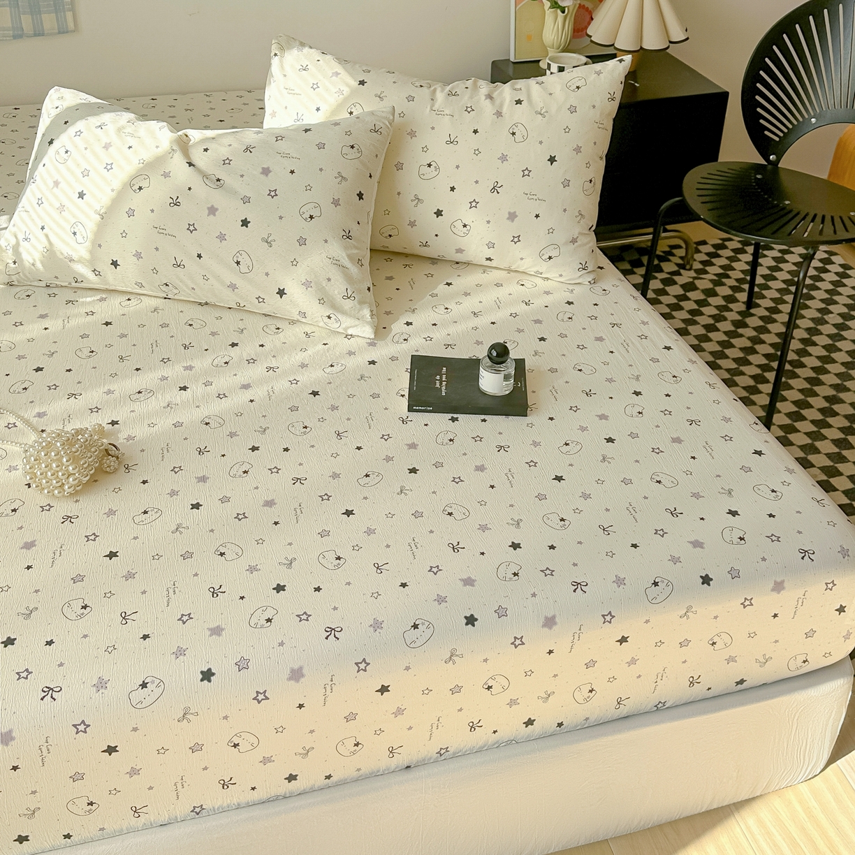 91家纺网 家纺一手货源 找家纺 繁花家居 2026新款泡芙棉云感木棉邹邹纱单床笠床单单件学生床 月白星喵