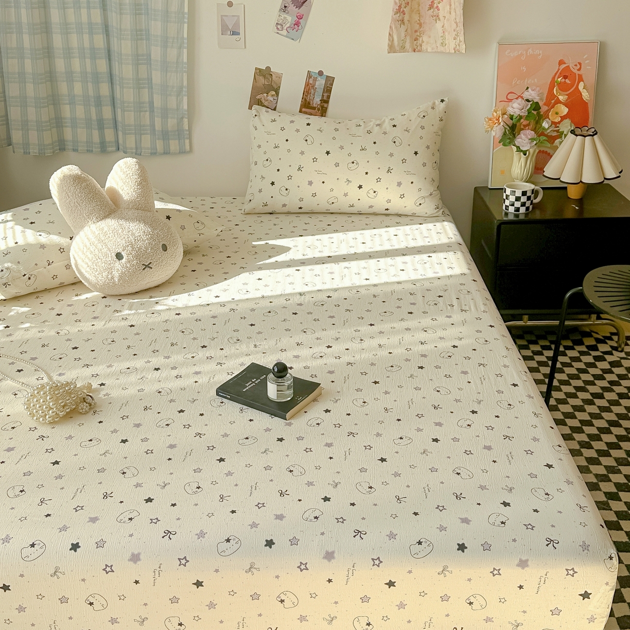 91家纺网 家纺一手货源 找家纺 繁花家居 2026新款泡芙棉云感木棉邹邹纱单床笠床单单件学生床 月白星喵