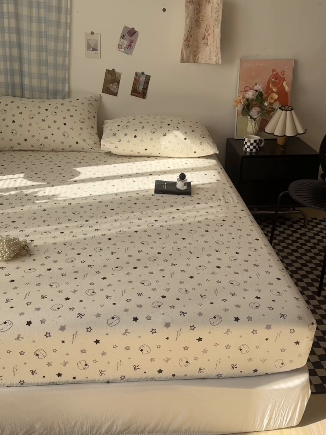 91家纺网 家纺一手货源 找家纺 繁花家居 2026新款泡芙棉云感木棉邹邹纱单床笠床单单件学生床 月白星喵