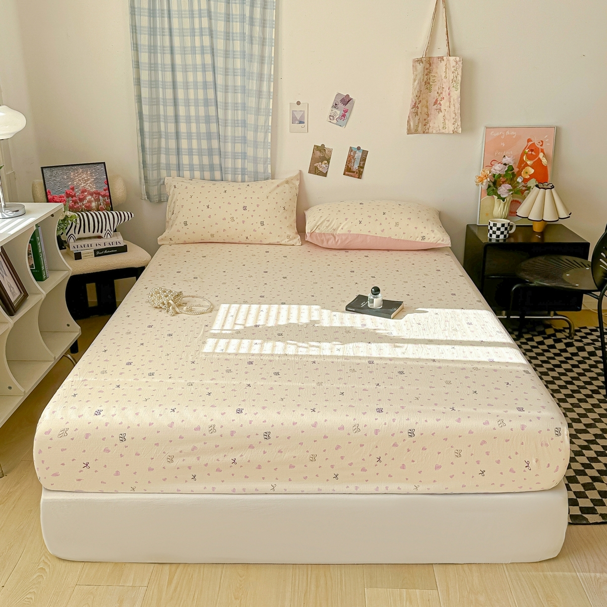 91家纺网 家纺一手货源 找家纺 繁花家居 2026新款泡芙棉云感木棉邹邹纱单床笠床单单件学生床 珠光爱心