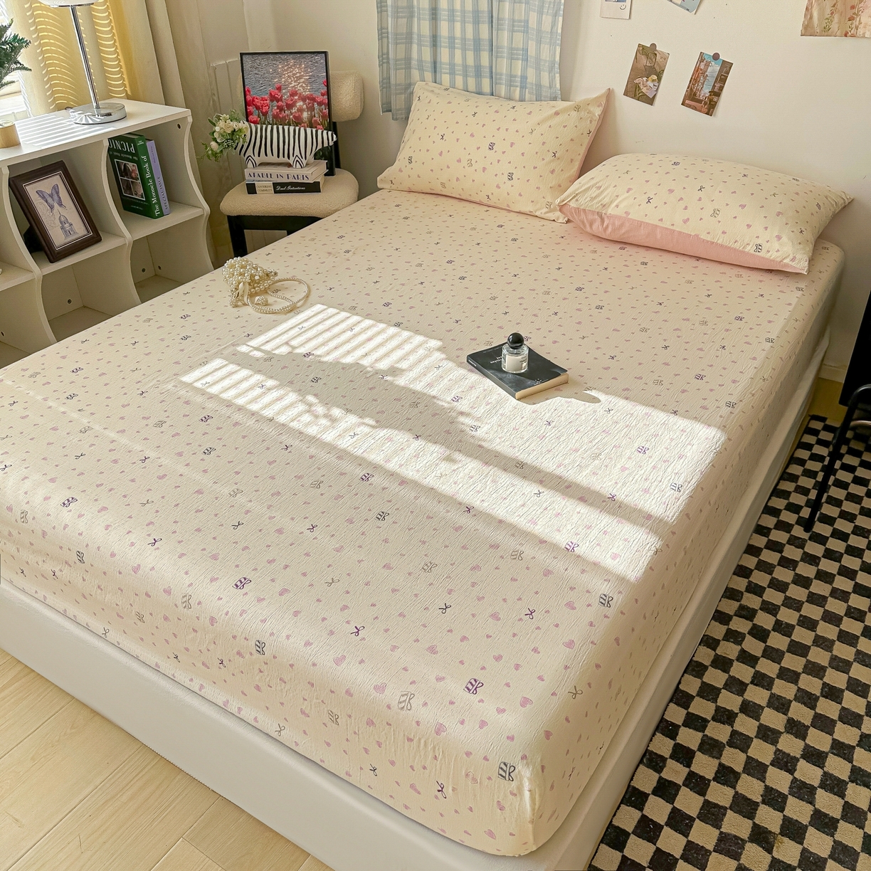 91家纺网 家纺一手货源 找家纺 繁花家居 2026新款泡芙棉云感木棉邹邹纱单床笠床单单件学生床 珠光爱心