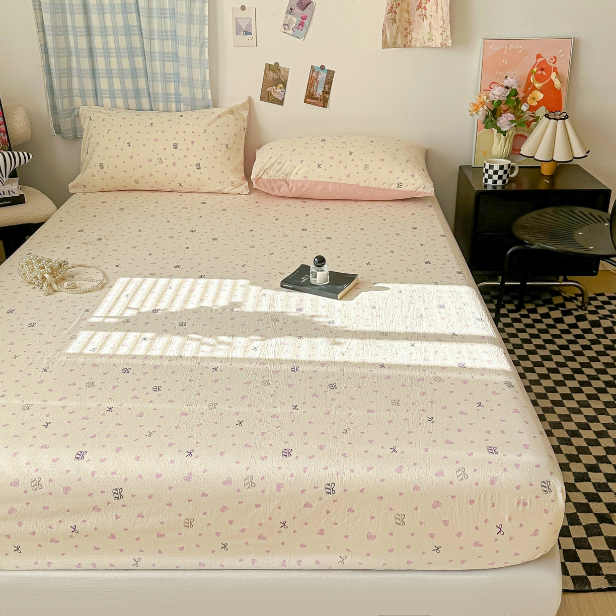 91家纺网 家纺一手货源 找家纺 繁花家居 2026新款泡芙棉云感木棉邹邹纱单床笠床单单件学生床 珠光爱心