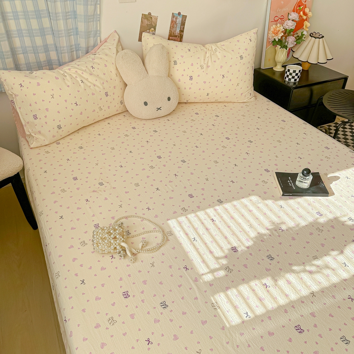 91家纺网 家纺一手货源 找家纺 繁花家居 2026新款泡芙棉云感木棉邹邹纱单床笠床单单件学生床 珠光爱心