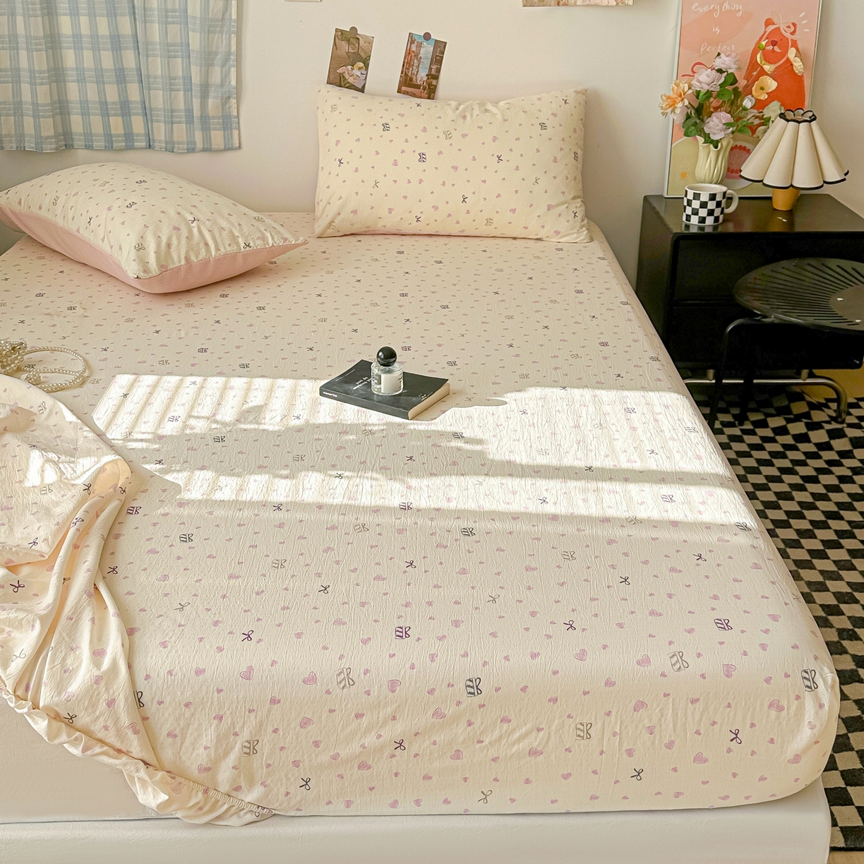 91家纺网 家纺一手货源 找家纺 繁花家居 2026新款泡芙棉云感木棉邹邹纱单床笠床单单件学生床 珠光爱心