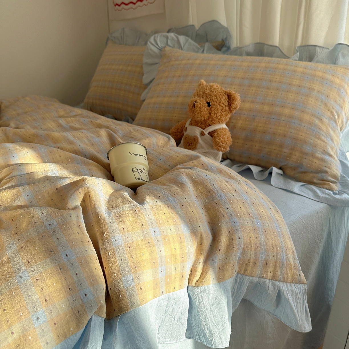 91家纺网 家纺一手货源 找家纺 （总）桃子家居 2026新款A类韩版花边纯棉色织提花格子撞色奶油四件套