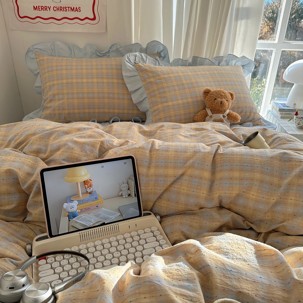 91家纺网 家纺一手货源 找家纺 （总）桃子家居 2026新款A类韩版花边纯棉色织提花格子撞色奶油四件套