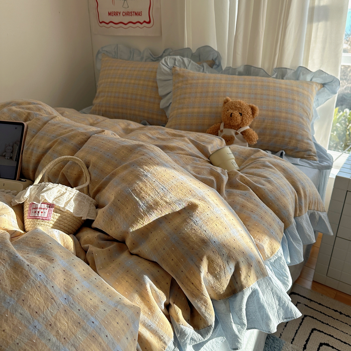 91家纺网 家纺一手货源 找家纺 （总）桃子家居 2026新款A类韩版花边纯棉色织提花格子撞色奶油四件套