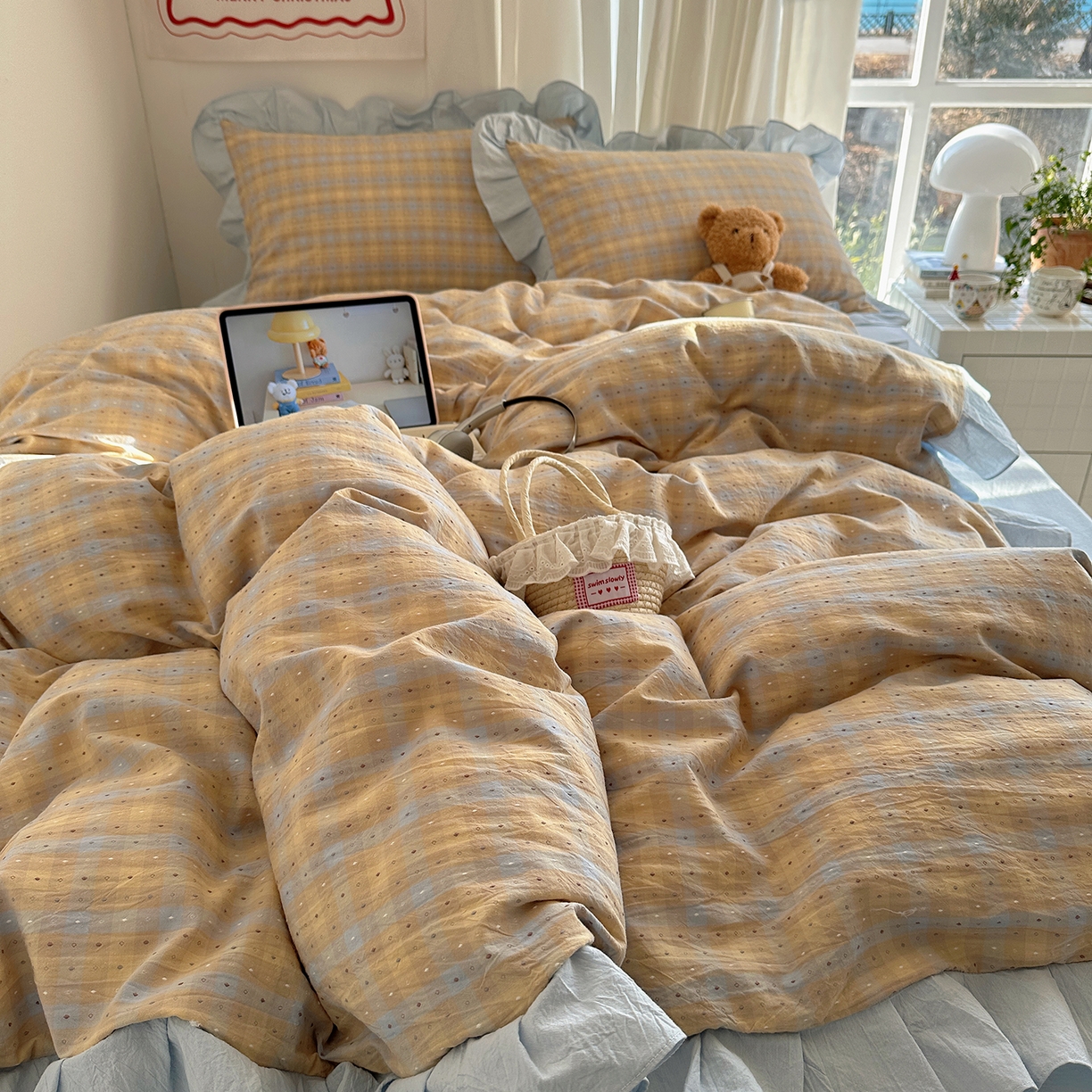 91家纺网 家纺一手货源 找家纺 （总）桃子家居 2026新款A类韩版花边纯棉色织提花格子撞色奶油四件套